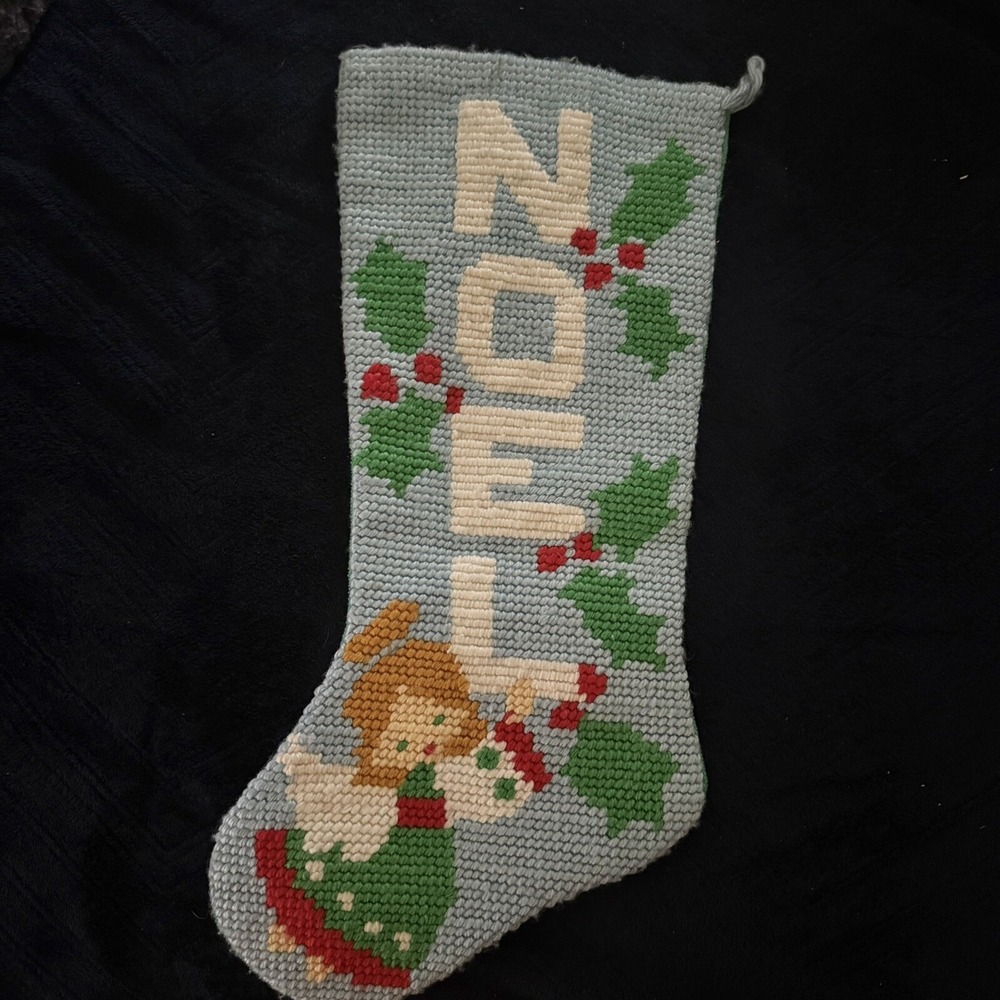 Vintage Finished Noel Angel‎ Needlepoint Stocking 17" Holly Light Blue Christmas